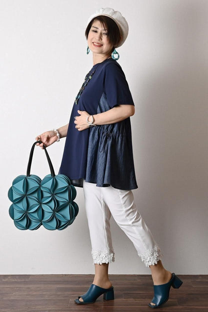 デニム切り替え Aラインフレアカットソー＋パール＆裾レース スーパーストレッチパンツ2点セットコーデ