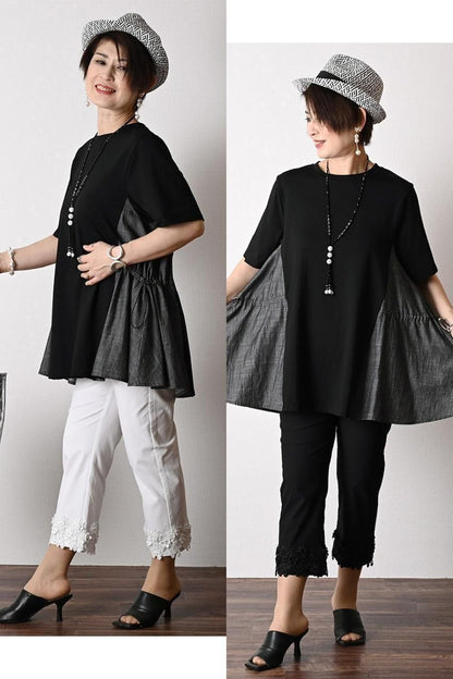 デニム切り替え Aラインフレアカットソー＋パール＆裾レース スーパーストレッチパンツ2点セットコーデ