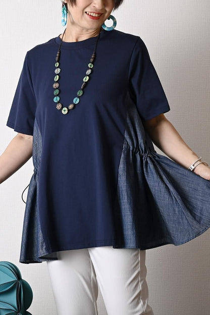 デニム切り替え Aラインフレアカットソー＋パール＆裾レース スーパーストレッチパンツ2点セットコーデ