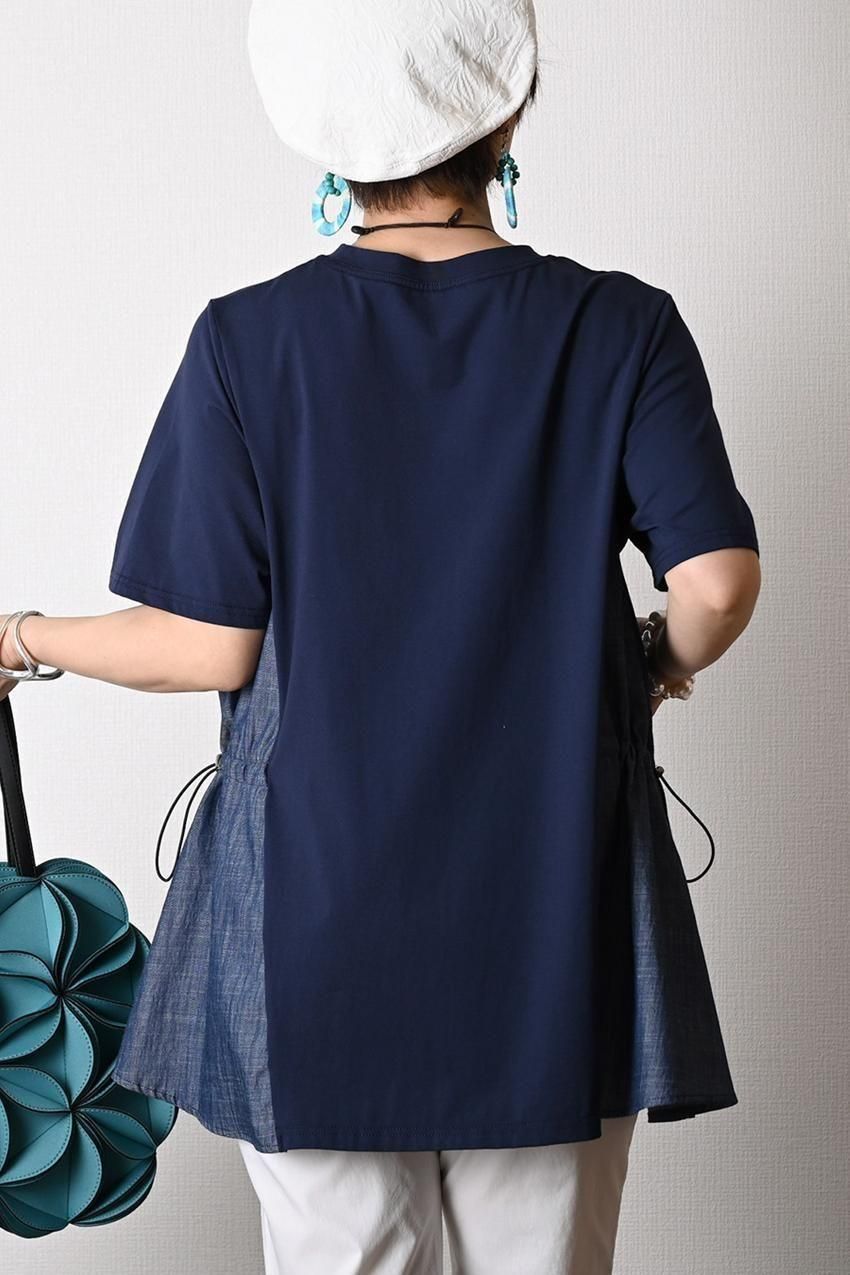 デニム切り替え Aラインフレアカットソー＋パール＆裾レース スーパーストレッチパンツ2点セットコーデ