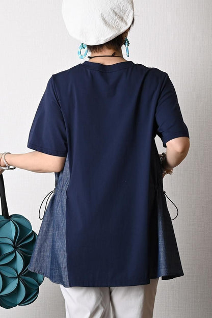 デニム切り替え Aラインフレアカットソー＋パール＆裾レース スーパーストレッチパンツ2点セットコーデ