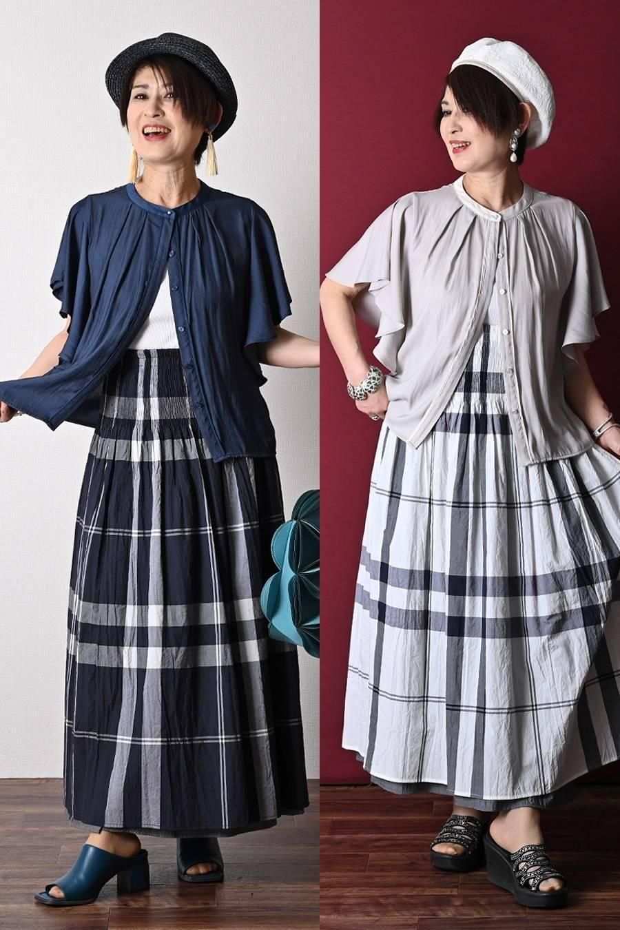 希少綾織微光沢フリル袖ブラウス+マキシ丈 リバーシブルハイウエストスカート2点セットコーデ