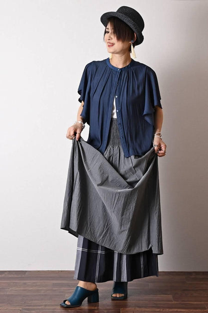 希少綾織微光沢フリル袖ブラウス+マキシ丈 リバーシブルハイウエストスカート2点セットコーデ