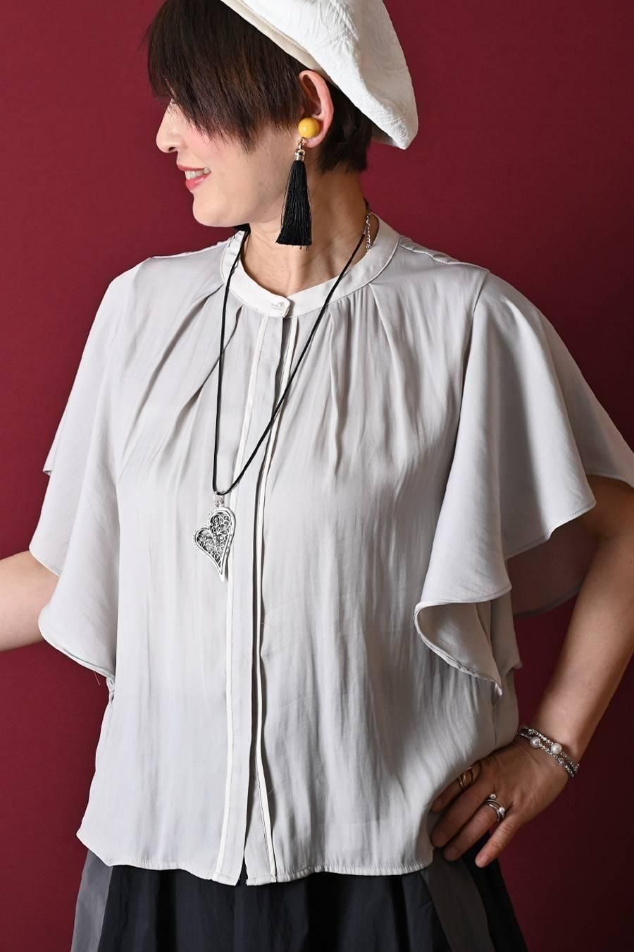 希少綾織微光沢フリル袖ブラウス+マキシ丈 リバーシブルハイウエストスカート2点セットコーデ