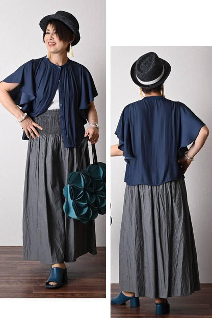 希少綾織微光沢フリル袖ブラウス+マキシ丈 リバーシブルハイウエストスカート2点セットコーデ