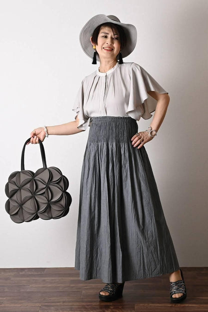 希少綾織微光沢フリル袖ブラウス+マキシ丈 リバーシブルハイウエストスカート2点セットコーデ