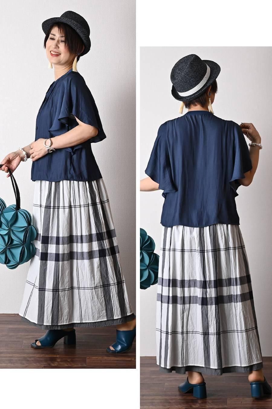 希少綾織微光沢フリル袖ブラウス+マキシ丈 リバーシブルハイウエストスカート2点セットコーデ