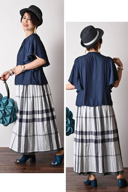 希少綾織微光沢フリル袖ブラウス+マキシ丈 リバーシブルハイウエストスカート2点セットコーデ