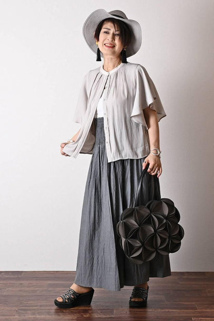 希少綾織微光沢フリル袖ブラウス+マキシ丈 リバーシブルハイウエストスカート2点セットコーデ