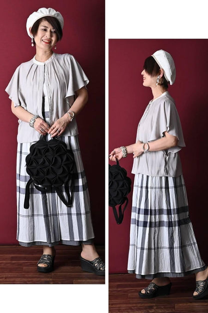 希少綾織微光沢フリル袖ブラウス+マキシ丈 リバーシブルハイウエストスカート2点セットコーデ