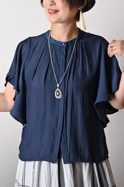 希少綾織微光沢フリル袖ブラウス+マキシ丈 リバーシブルハイウエストスカート2点セットコーデ