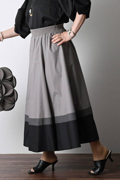 フロッキープリント＆パール 格上カットソー＋トリコロールフレアスカート2点セットコーデ