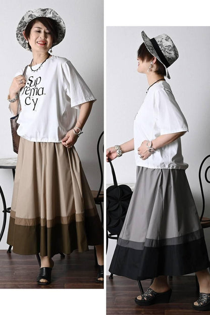 フロッキープリント＆パール 格上カットソー＋トリコロールフレアスカート2点セットコーデ