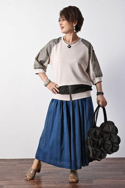 柔らか五分袖プルオーバー＋軽量ソフトワイドパンツ2点セットコーデ