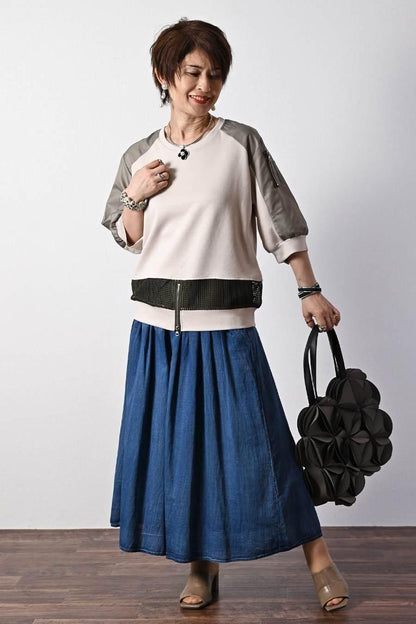 柔らか五分袖プルオーバー＋軽量ソフトワイドパンツ2点セットコーデ