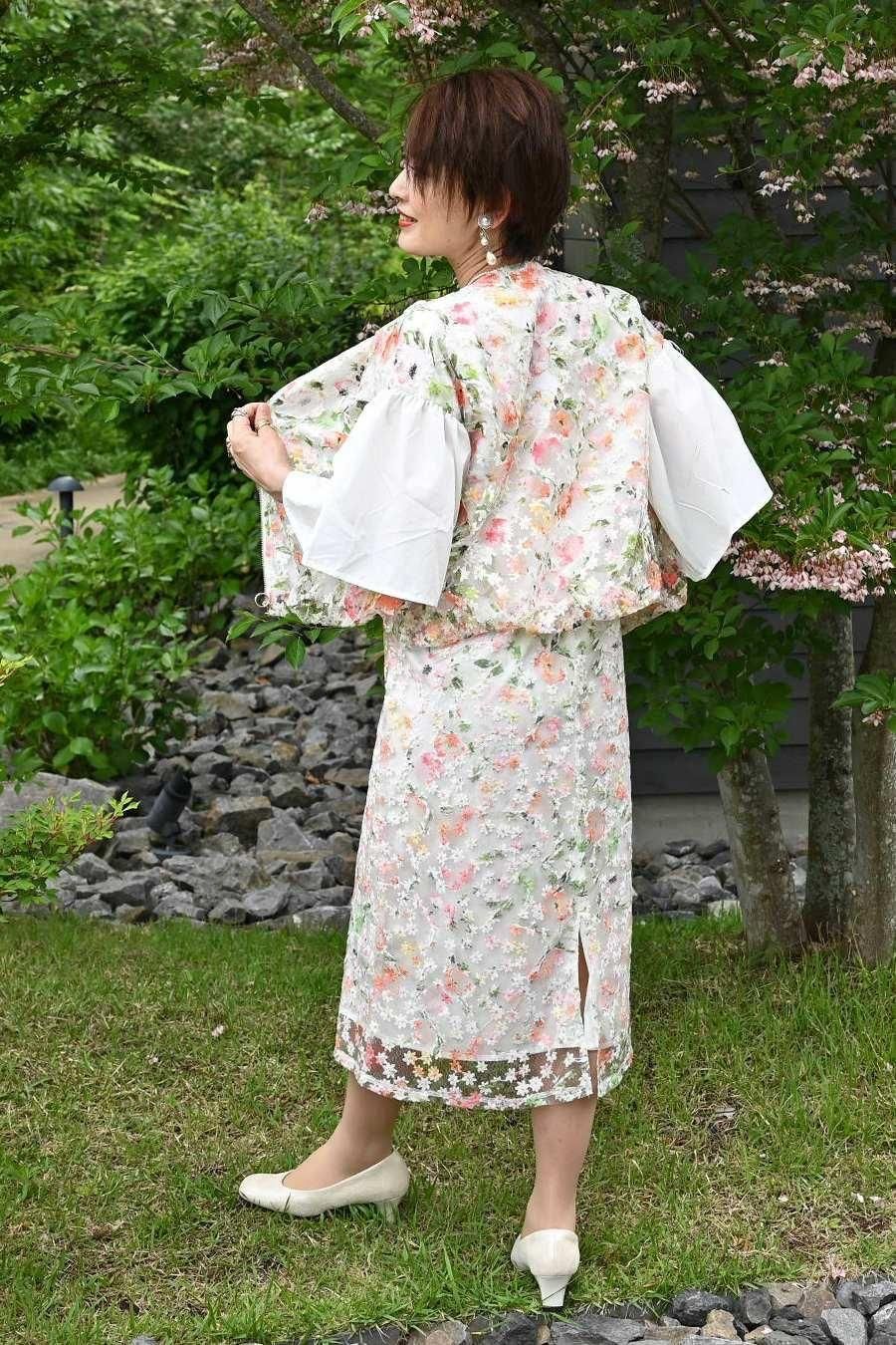 オーガンジーフラワー刺繍＆プリントゴージャスワンピース＆ジャケットセットアップ