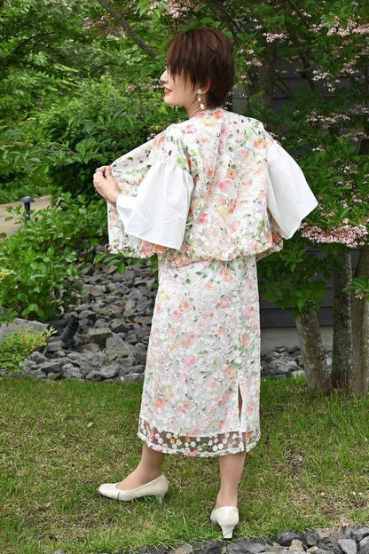 オーガンジーフラワー刺繍＆プリントゴージャスワンピース＆ジャケットセットアップ