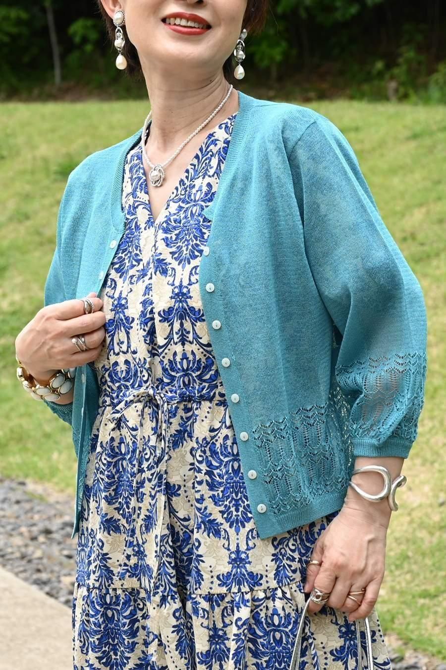 色違いで欲しくなる！麻混裾メッシュパフスリーブカーデ