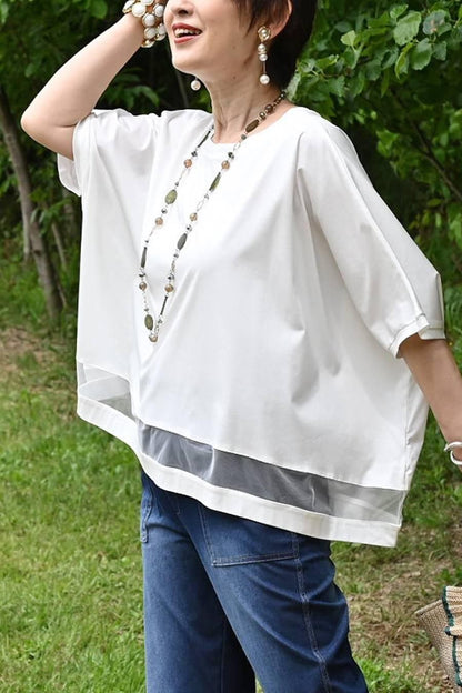 スクエア型ビッグシルエット！ひんやりシルケット チュール切り替えプルオーバー