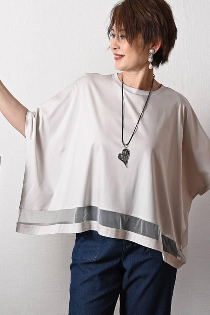 スクエア型ビッグシルエット！ひんやりシルケット チュール切り替えプルオーバー