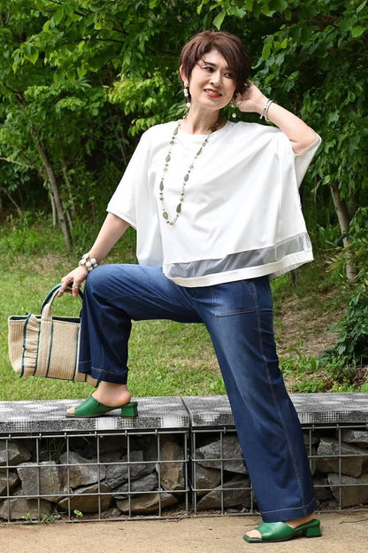 スクエア型ビッグシルエット！ひんやりシルケット チュール切り替えプルオーバー