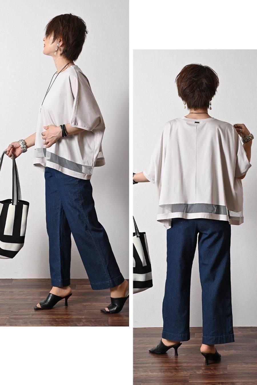 スクエア型ビッグシルエット！ひんやりシルケット チュール切り替えプルオーバー