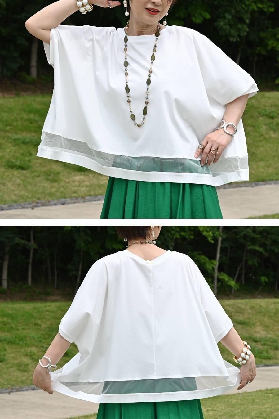 スクエア型ビッグシルエット！ひんやりシルケット チュール切り替えプルオーバー