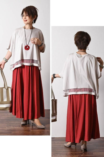 スクエア型ビッグシルエット！ひんやりシルケット チュール切り替えプルオーバー