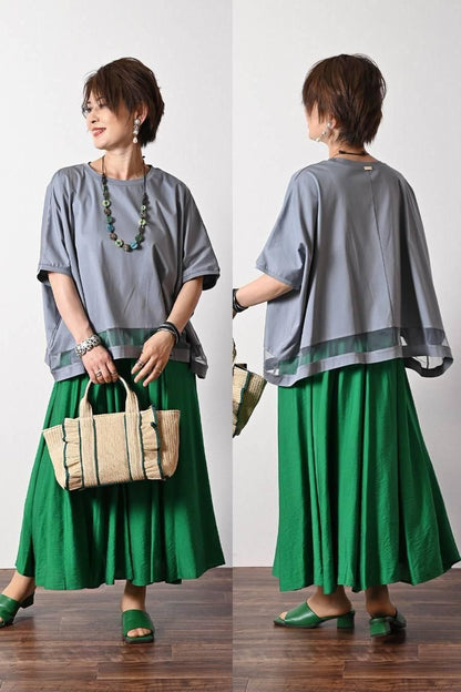 スクエア型ビッグシルエット！ひんやりシルケット チュール切り替えプルオーバー