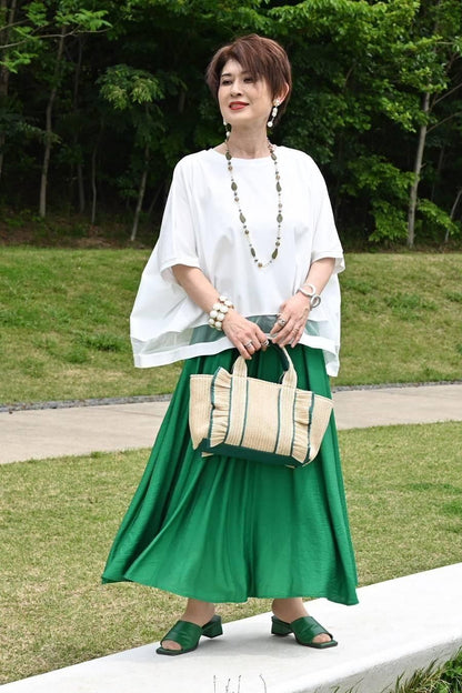 スクエア型ビッグシルエット！ひんやりシルケット チュール切り替えプルオーバー