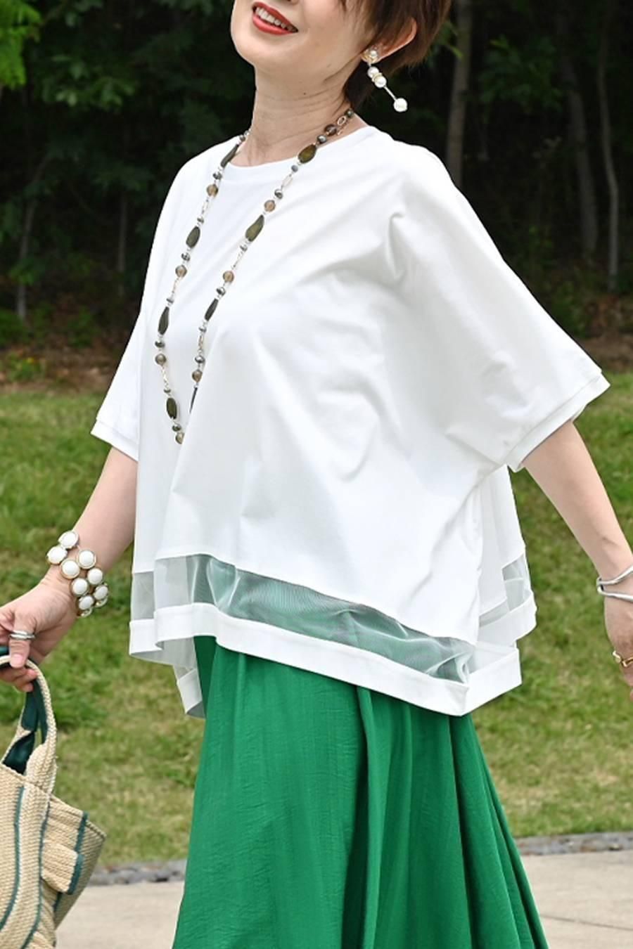 スクエア型ビッグシルエット！ひんやりシルケット チュール切り替えプルオーバー