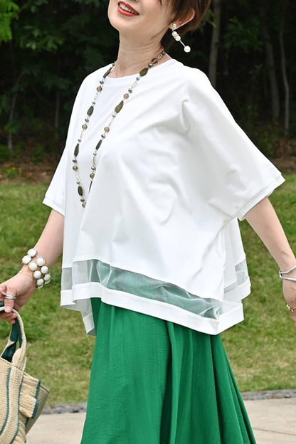 スクエア型ビッグシルエット！ひんやりシルケット チュール切り替えプルオーバー