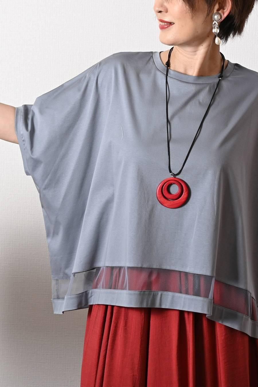 スクエア型ビッグシルエット！ひんやりシルケット チュール切り替えプルオーバー