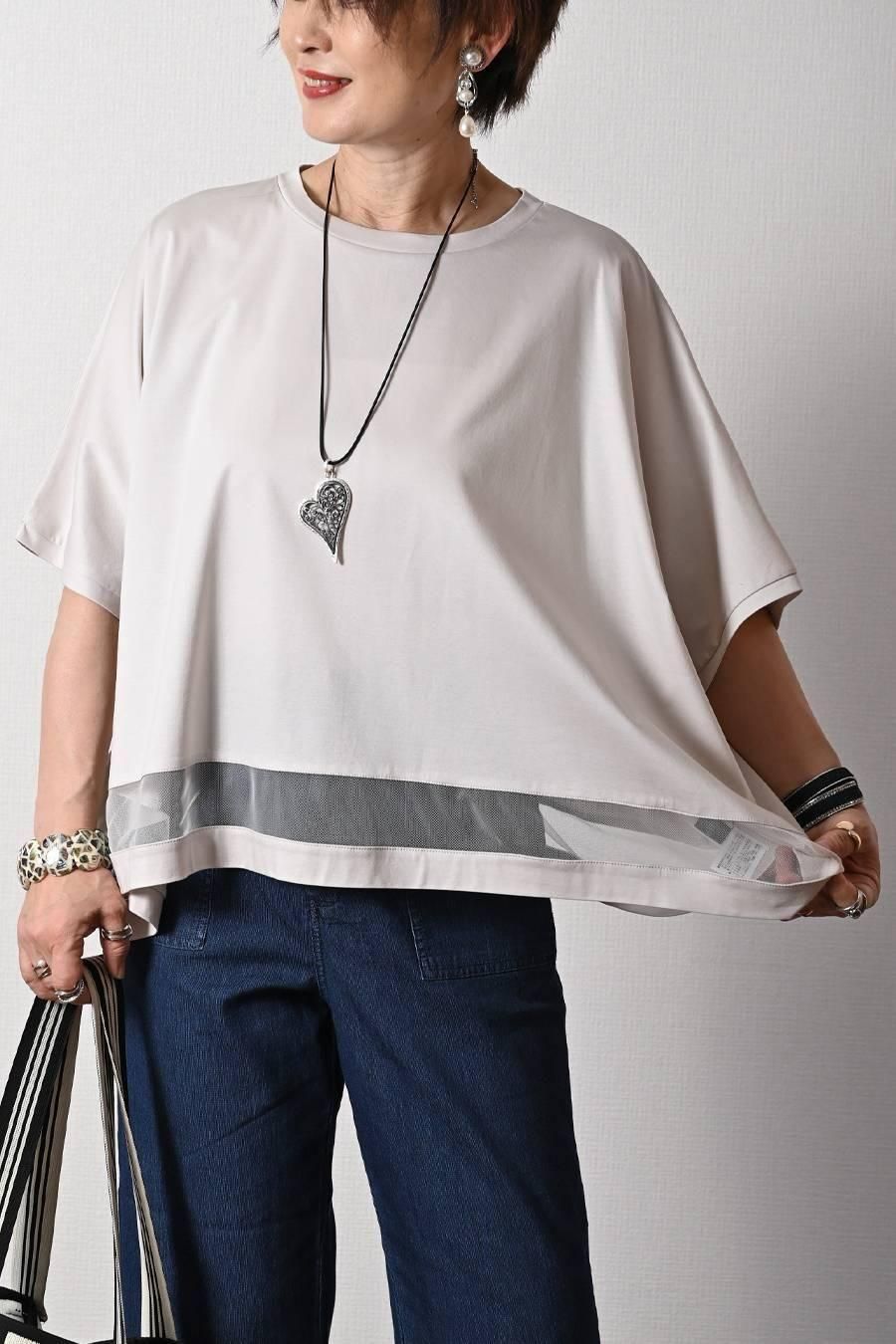 スクエア型ビッグシルエット！ひんやりシルケット チュール切り替えプルオーバー