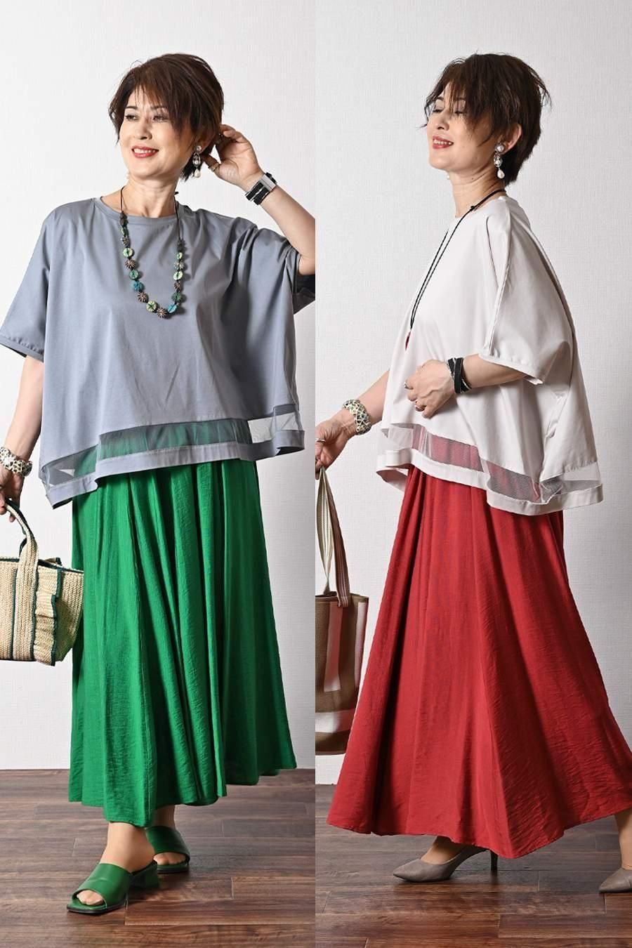 スクエア型チュール切り替えプルオーバー+微光沢8枚接ぎフレアスカート