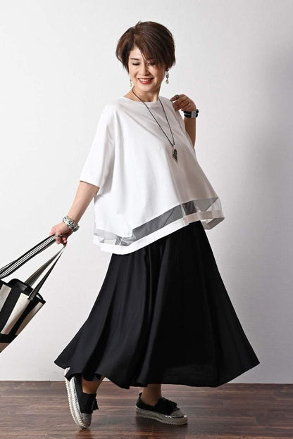 スクエア型チュール切り替えプルオーバー+微光沢8枚接ぎフレアスカート