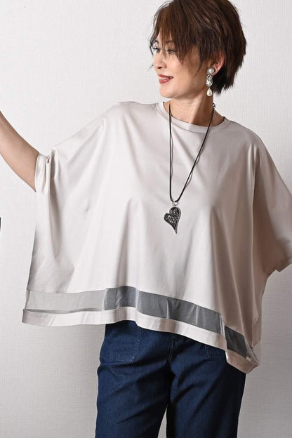 スクエア型チュール切り替えプルオーバー+微光沢8枚接ぎフレアスカート