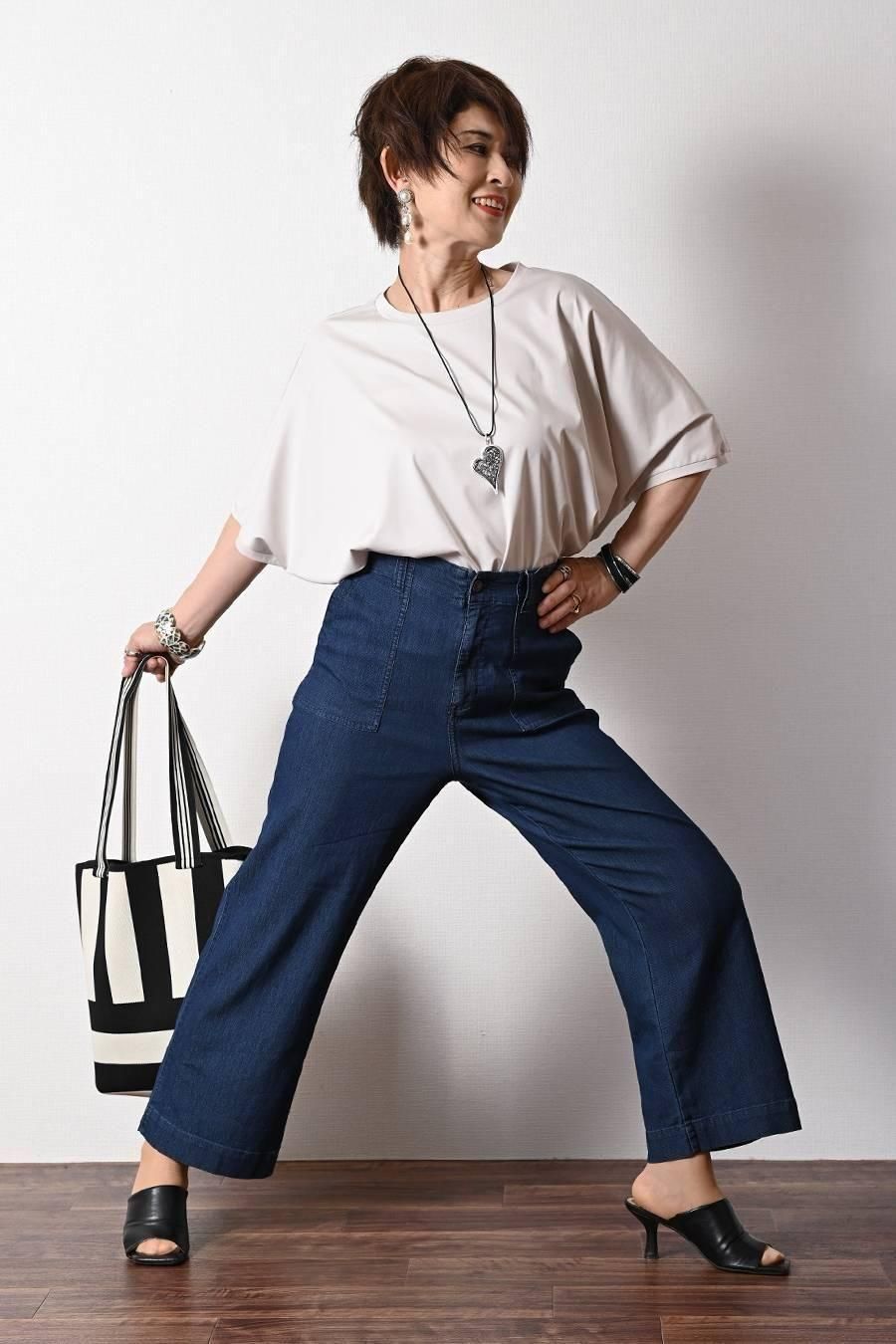 ベイカー風ストレッチデニムワイドパンツ