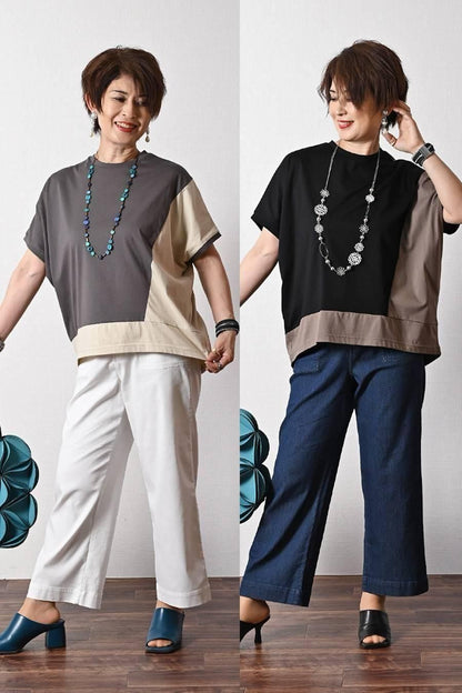 バイカラーアシメトリープルオーバー+ベイカー風ストレッチワイドパンツ2点セットコーデ