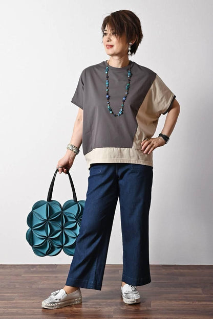 バイカラーアシメトリープルオーバー+ベイカー風ストレッチワイドパンツ2点セットコーデ