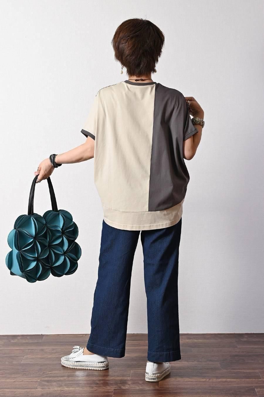 バイカラーアシメトリープルオーバー+ベイカー風ストレッチワイドパンツ2点セットコーデ