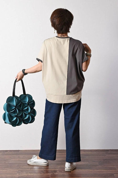 バイカラーアシメトリープルオーバー+ベイカー風ストレッチワイドパンツ2点セットコーデ