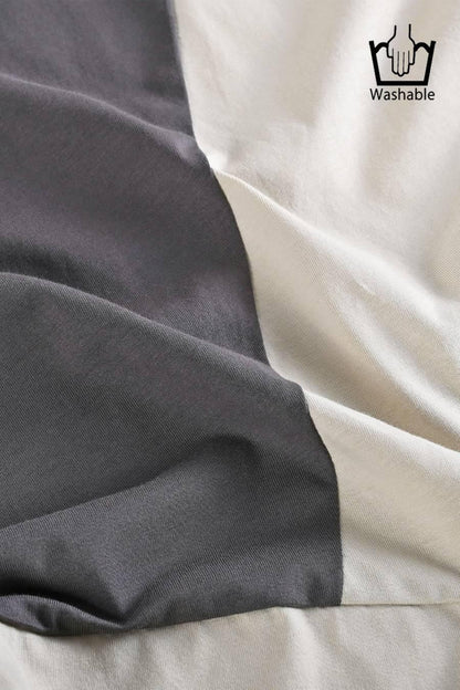 バイカラーアシメトリープルオーバー+ベイカー風ストレッチワイドパンツ2点セットコーデ