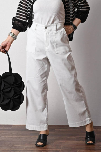 バイカラーアシメトリープルオーバー+ベイカー風ストレッチワイドパンツ2点セットコーデ