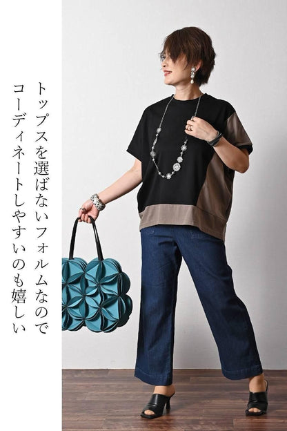 バイカラーアシメトリープルオーバー+ベイカー風ストレッチワイドパンツ2点セットコーデ