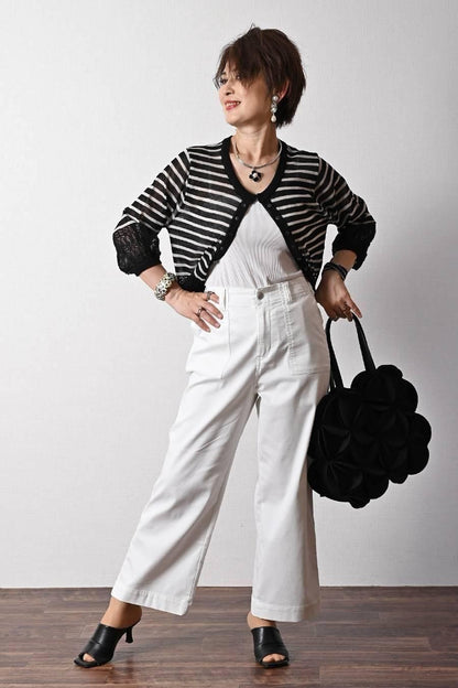 バイカラーアシメトリープルオーバー+ベイカー風ストレッチワイドパンツ2点セットコーデ