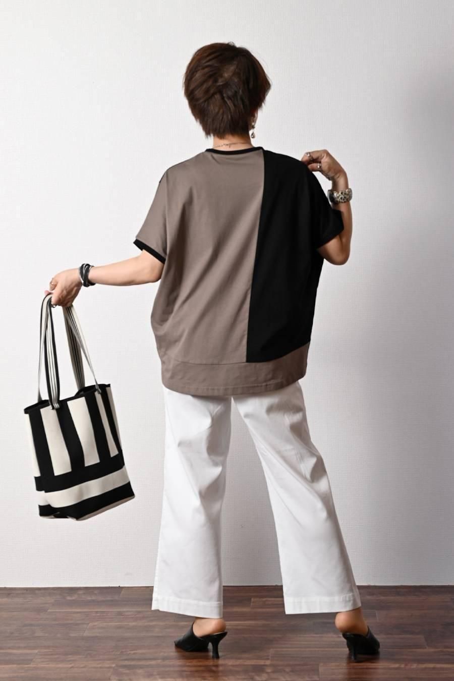 バイカラーアシメトリープルオーバー+ベイカー風ストレッチワイドパンツ2点セットコーデ