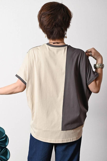 バイカラーアシメトリープルオーバー+ベイカー風ストレッチワイドパンツ2点セットコーデ