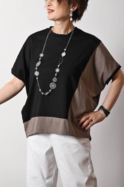 バイカラーアシメトリープルオーバー+ベイカー風ストレッチワイドパンツ2点セットコーデ