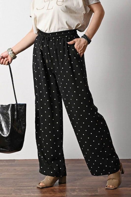 サラッと快適！麻調合繊水玉プリントワイドパンツ